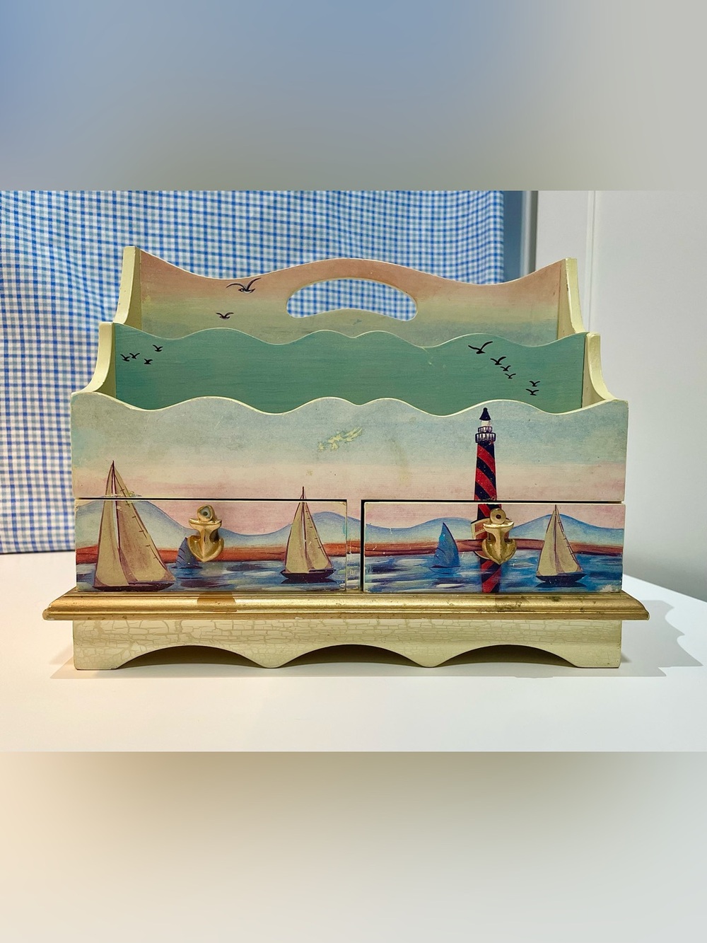 Vintage Nautical Mail Organizer with Drawers – Sailboats, Lighthouse & Anchors